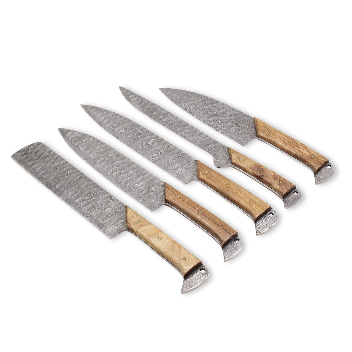 Kitchen Knife Set, Damascus Steel, Olivewood Handle, Handmade Five Chef Knives, Genuine Leather Roll, CHKNSE-01