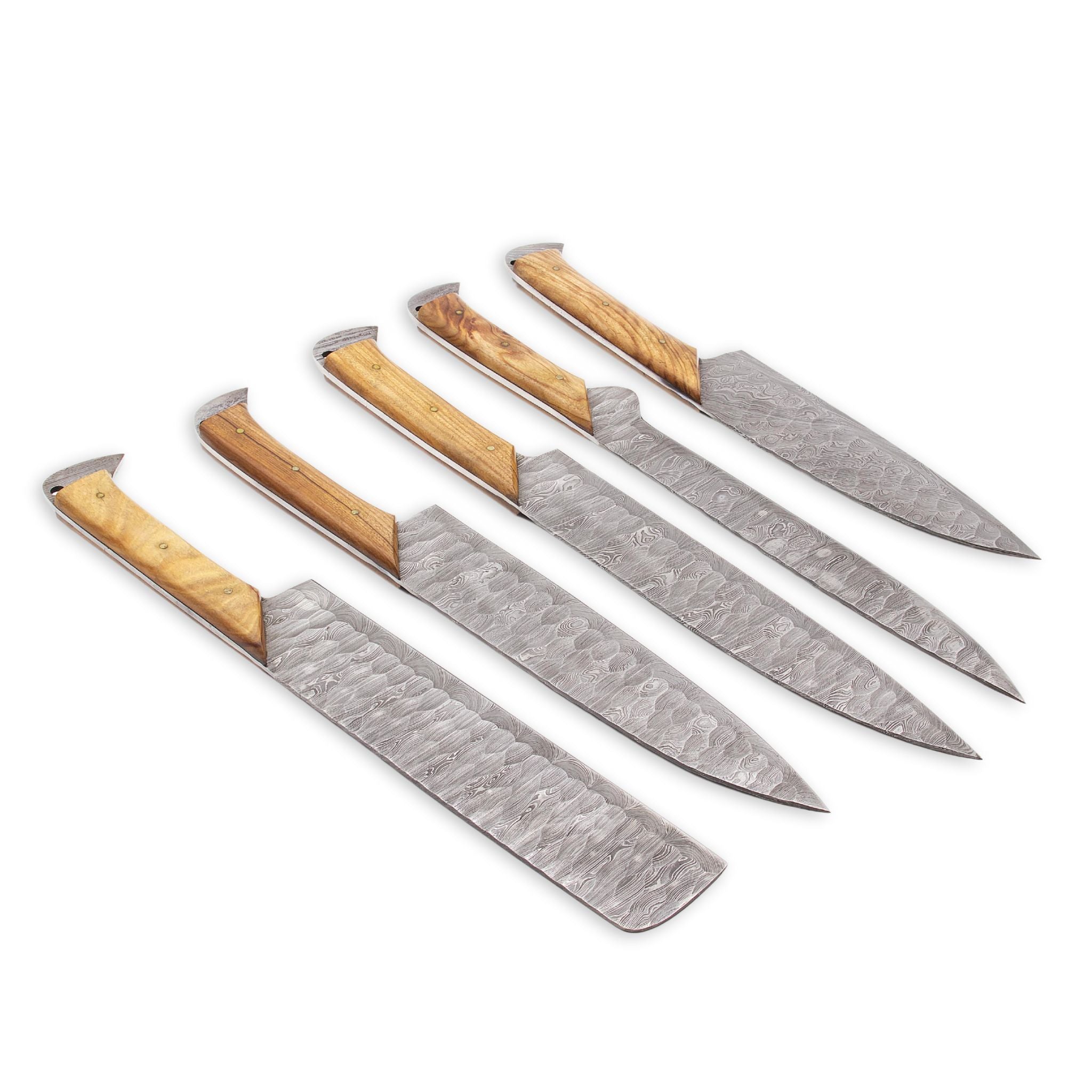 Kitchen Knife Set, Damascus Steel, Olivewood Handle, Handmade Five Chef Knives, Genuine Leather Roll, CHKNSE-01