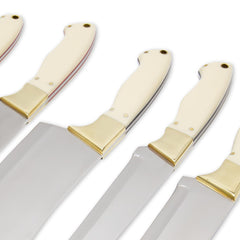 Kitchen Knife Set, Mirror Polished Stainless Steel, Brass & Resin Handle, Handmade Five Chef Knives, Genuine Leather Roll, CHKNSE-02