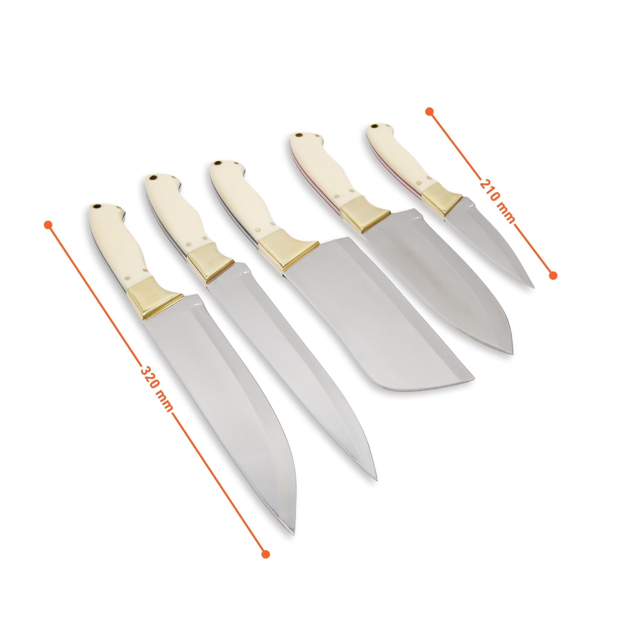 Kitchen Knife Set, Mirror Polished Stainless Steel, Brass & Resin Handle, Handmade Five Chef Knives, Genuine Leather Roll, CHKNSE-02