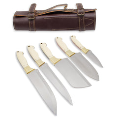 Kitchen Knife Set, Mirror Polished Stainless Steel, Brass & Resin Handle, Handmade Five Chef Knives, Genuine Leather Roll, CHKNSE-02