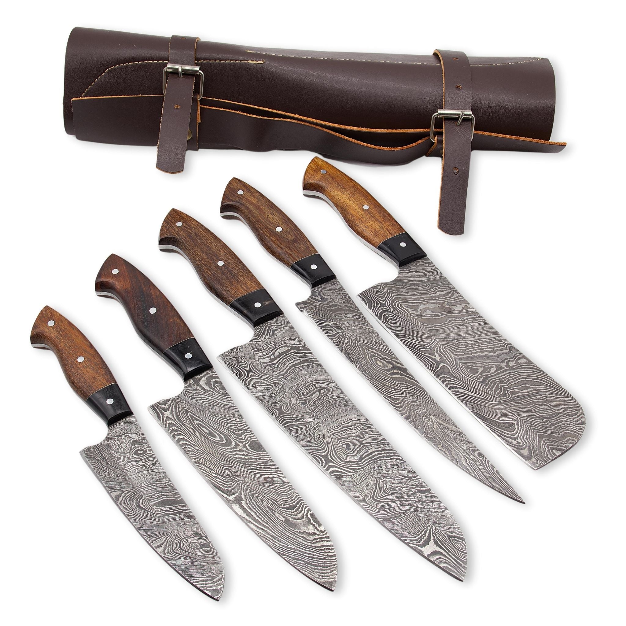 Kitchen Knife Set, Damascus Steel, Olivewood Handle, Handmade Five Chef Knives, Genuine Leather Roll, CHKNSE-04